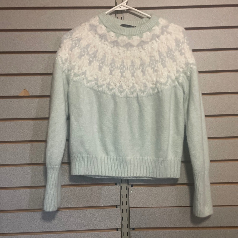 Ann Taylor Mint Green Fair Isle Sequin Sweater Womens Medium Wool Blend Pullover